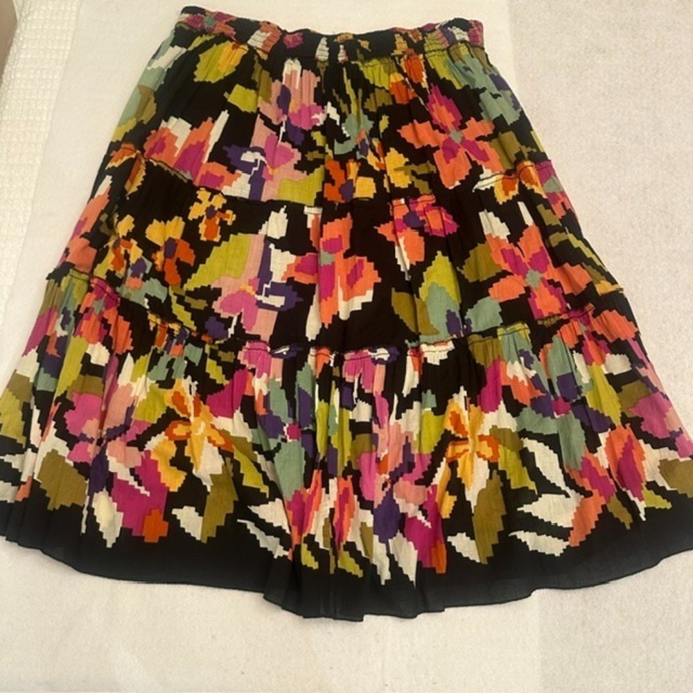 Vintage Colorful Floral Tiered Elastic Skirt M Pixel Midi Prairie Boho Peasant